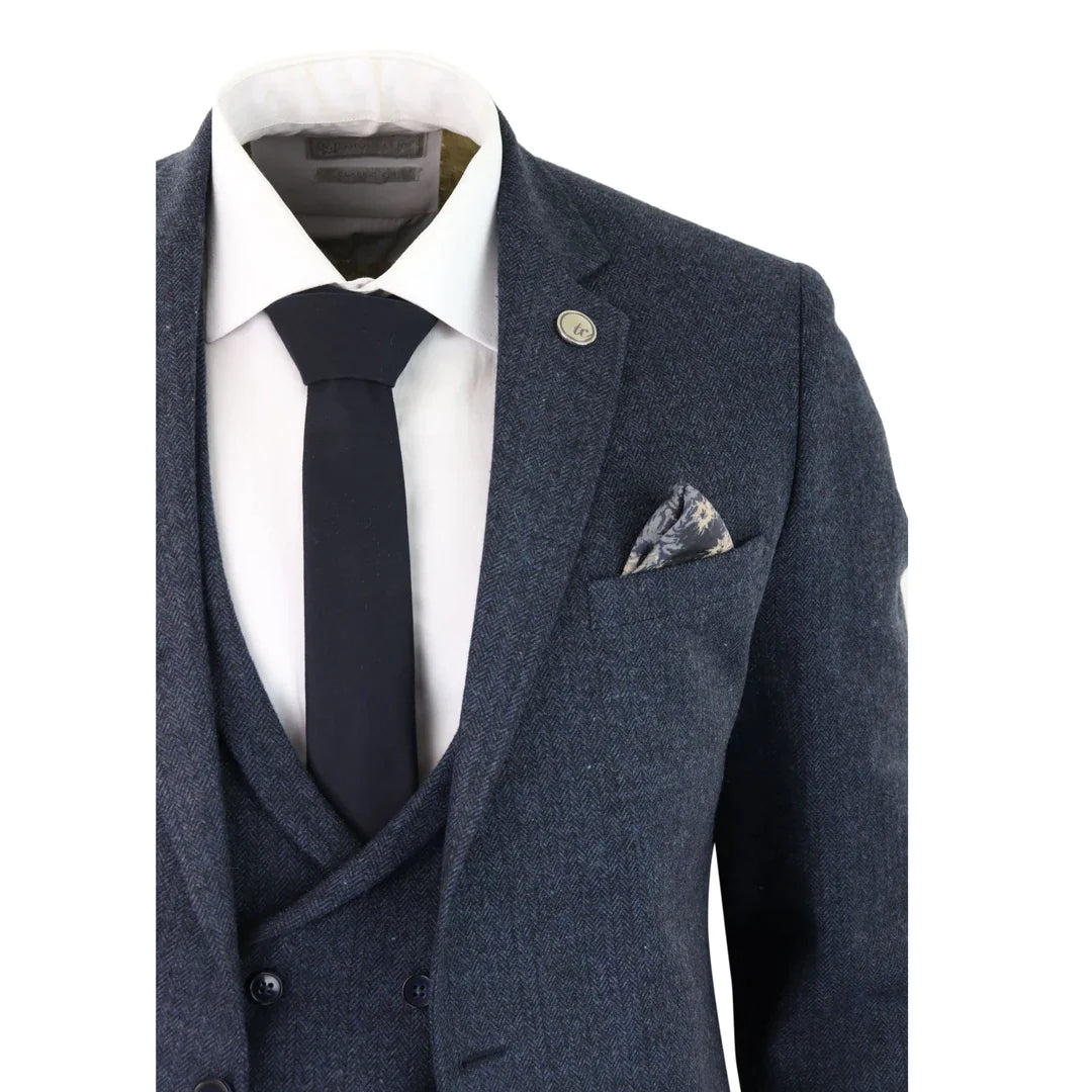 Terno masculino de 3 peças em tweed azul espinha de peixe