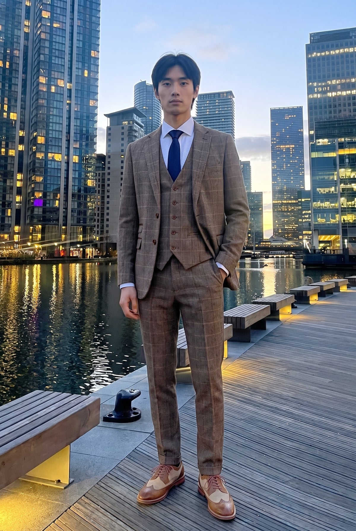 Look #536 styled with Harris - Terno masculino marrom de tweed com estampa espinha de peixe, 3 peças