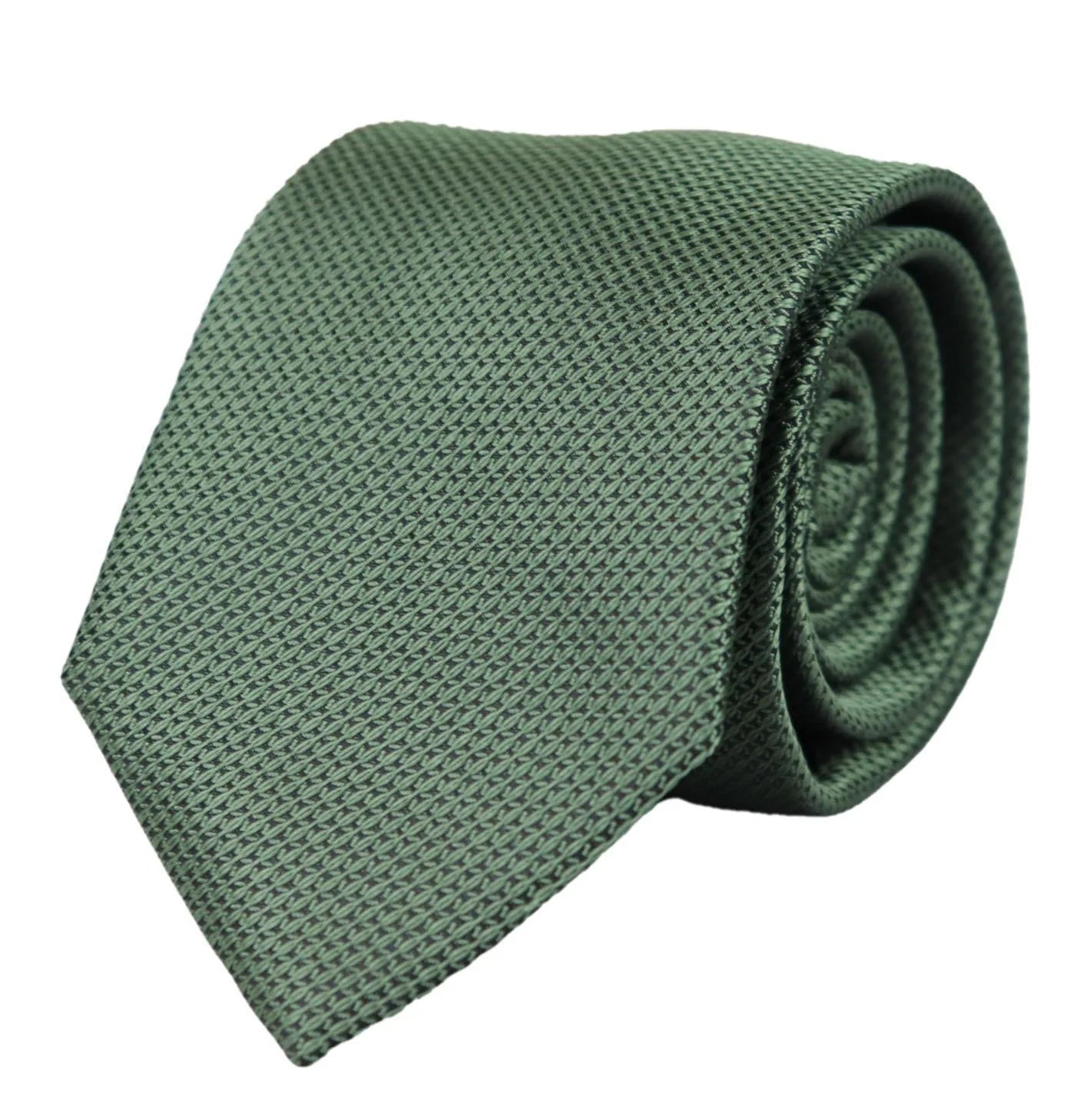 Conjunto de presente com gravata, lenço de bolso e abotoaduras em cetim de seda texturizado verde fosco.