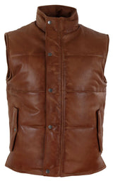 Colete masculino de couro legítimo, acolchoado, estilo puffer, quente, com zíper, casual, bege.