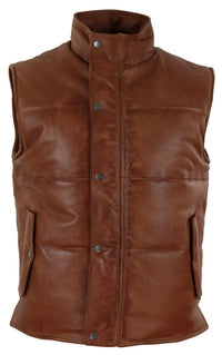 Colete masculino de couro legítimo, acolchoado, estilo puffer, quente, com zíper, casual, bege.