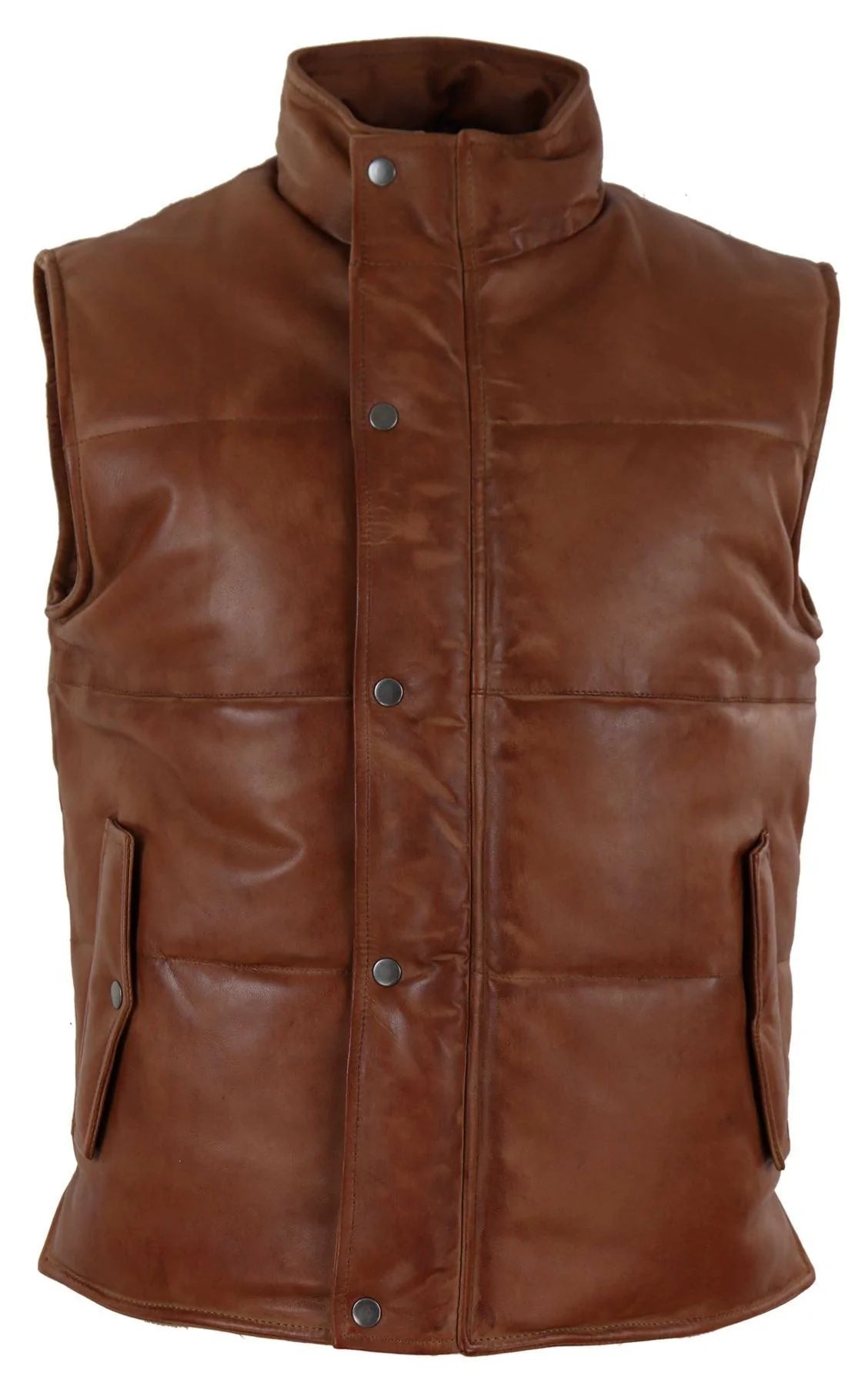 Colete masculino de couro legítimo, acolchoado, estilo puffer, quente, com zíper, casual, bege.