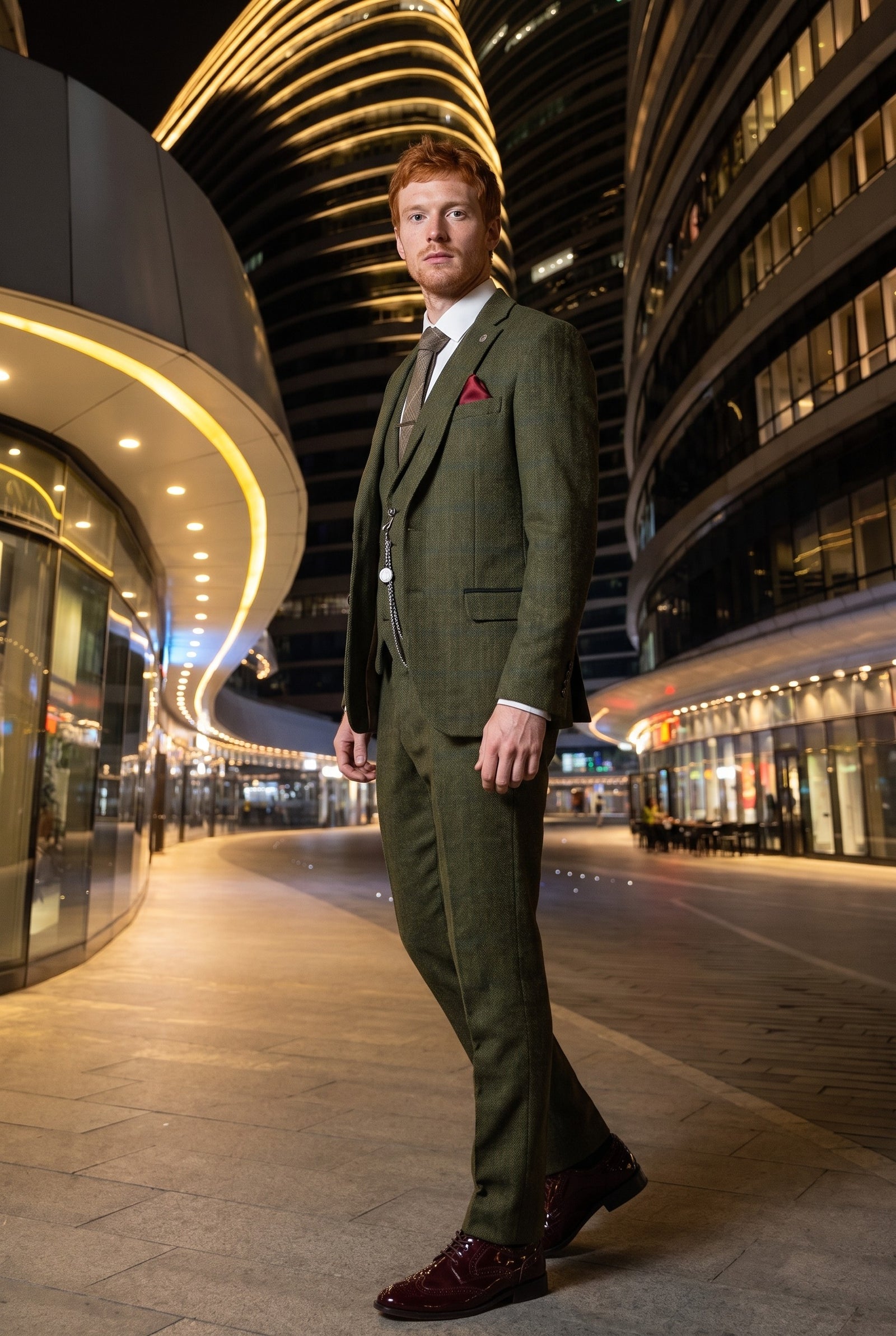 Look #708 styled with Terno masculino de 3 peças em lã tweed xadrez verde, azul e marrom, estilo Gatsby dos anos 1920