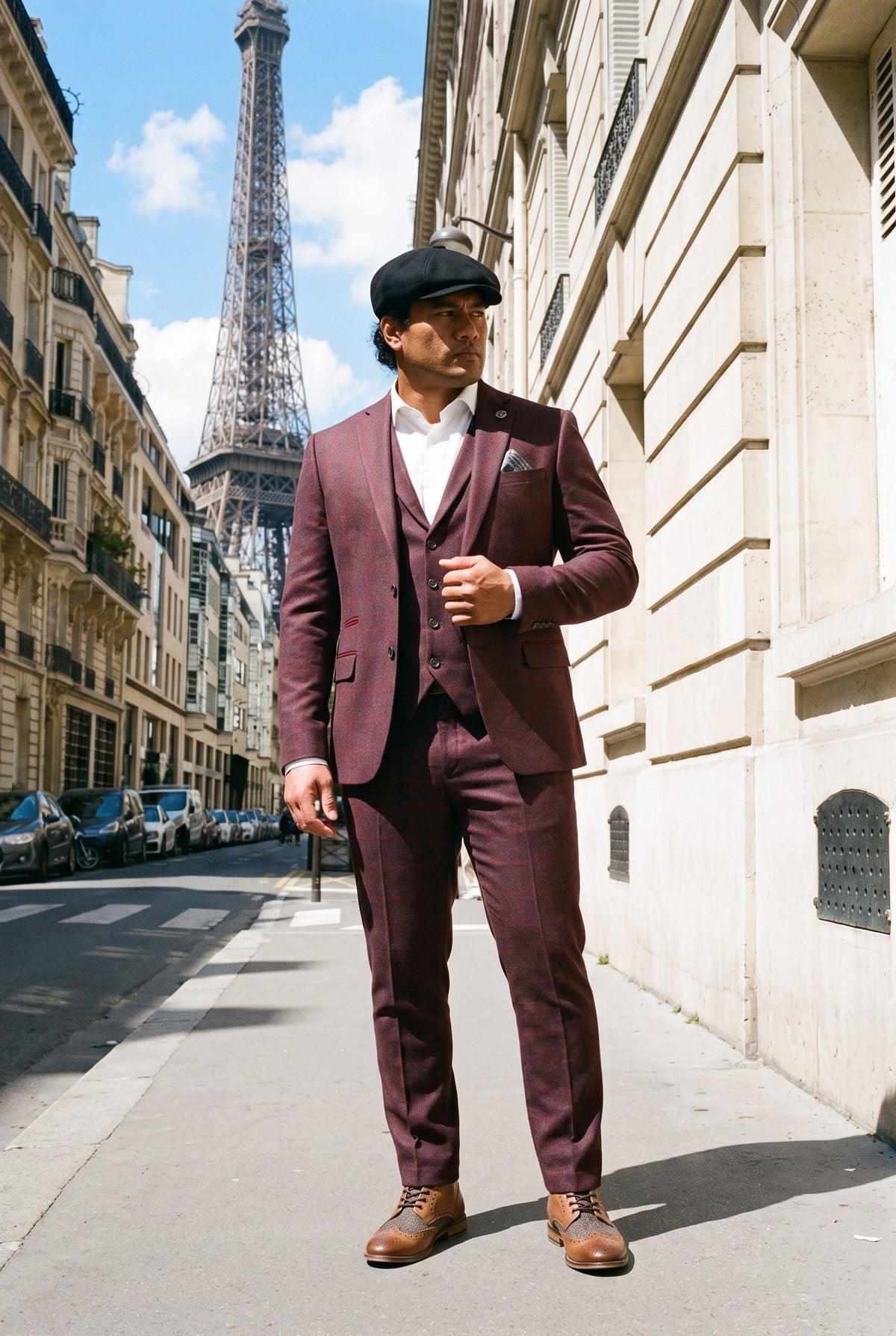 Look #990 styled with Terno masculino de 3 peças em lã tweed cor ameixa com estampa xadrez estilo Gatsby dos anos 1920