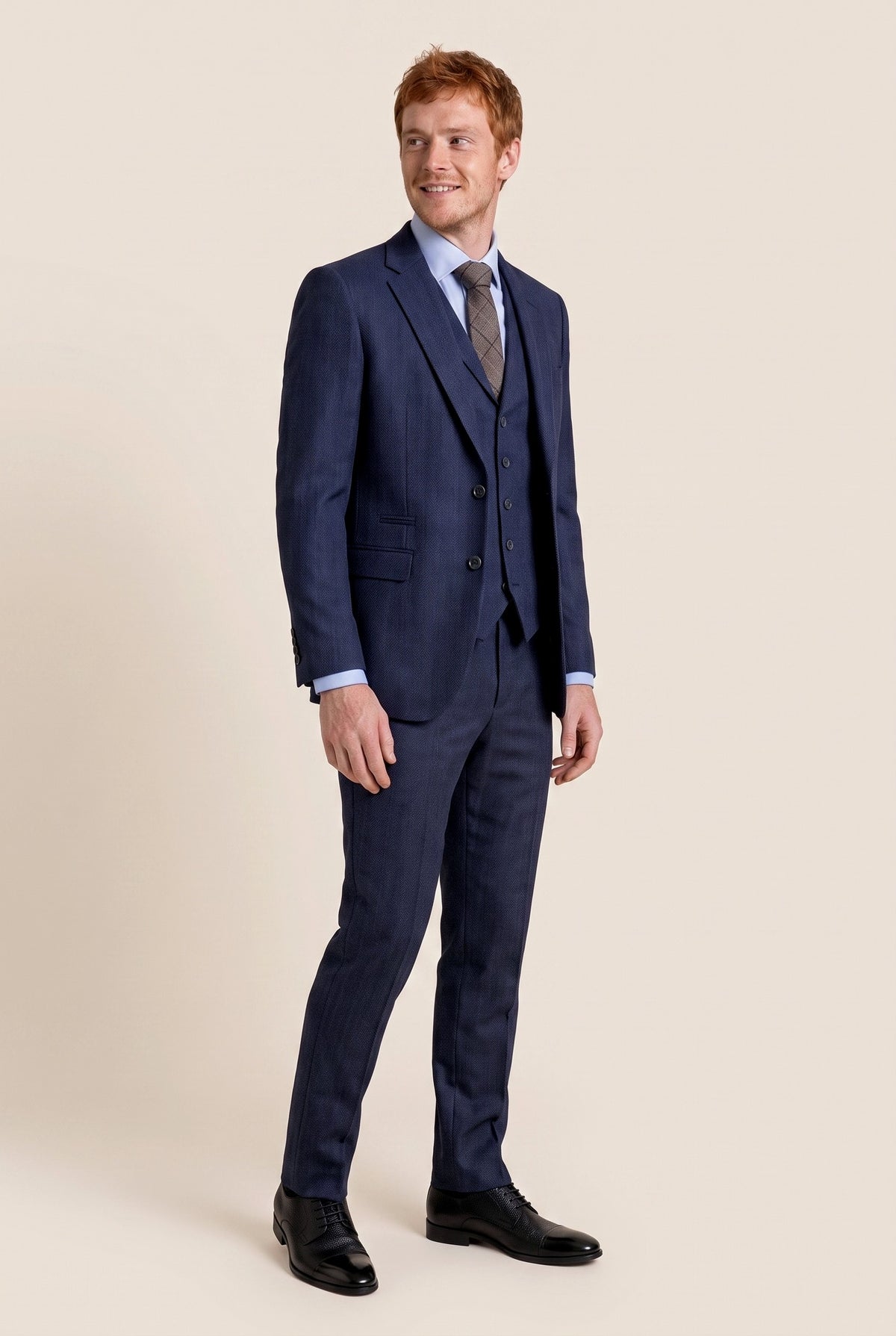 Look #987 styled with Terno masculino de 3 peças em tweed espinha de peixe azul-marinho
