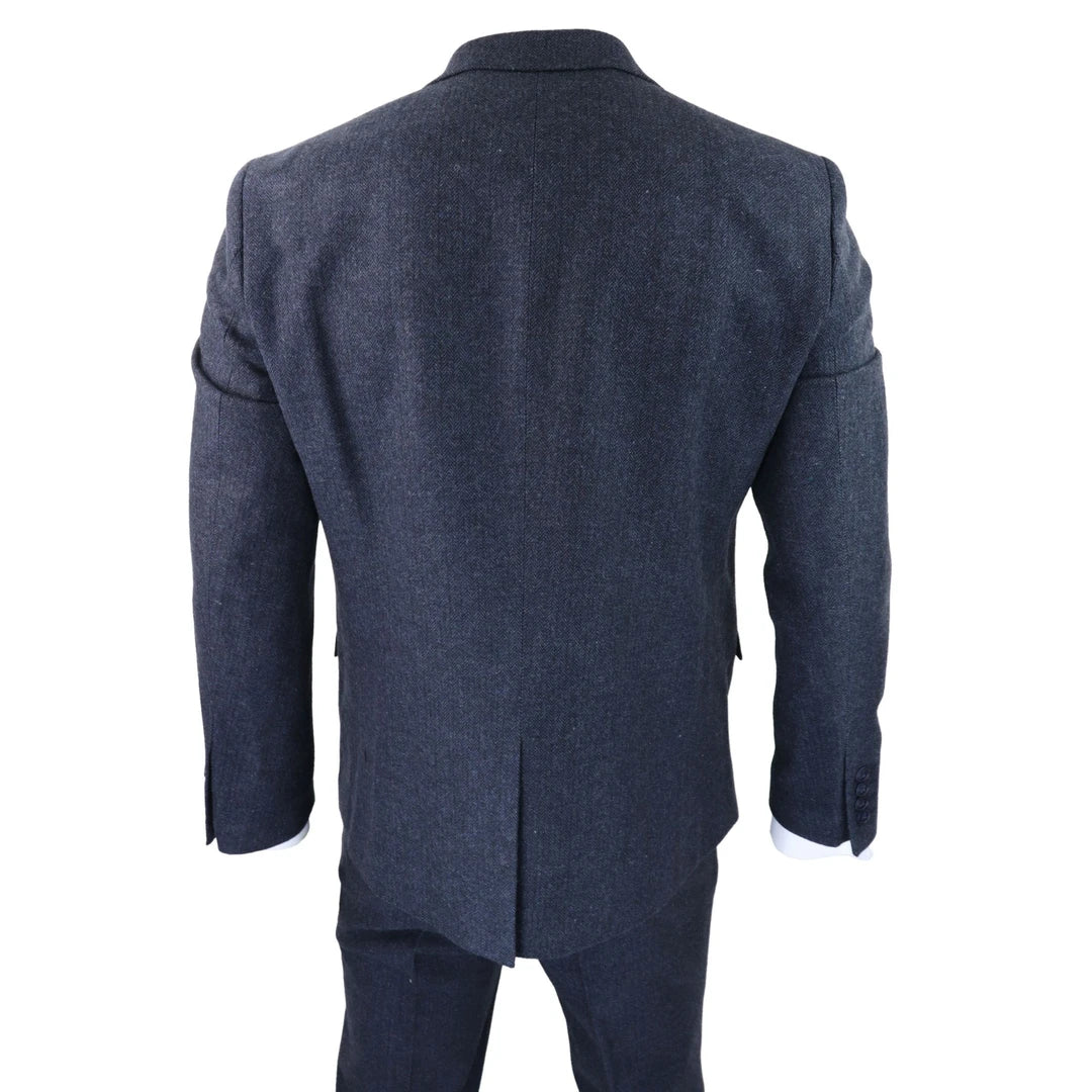 Terno masculino de 3 peças em tweed azul espinha de peixe