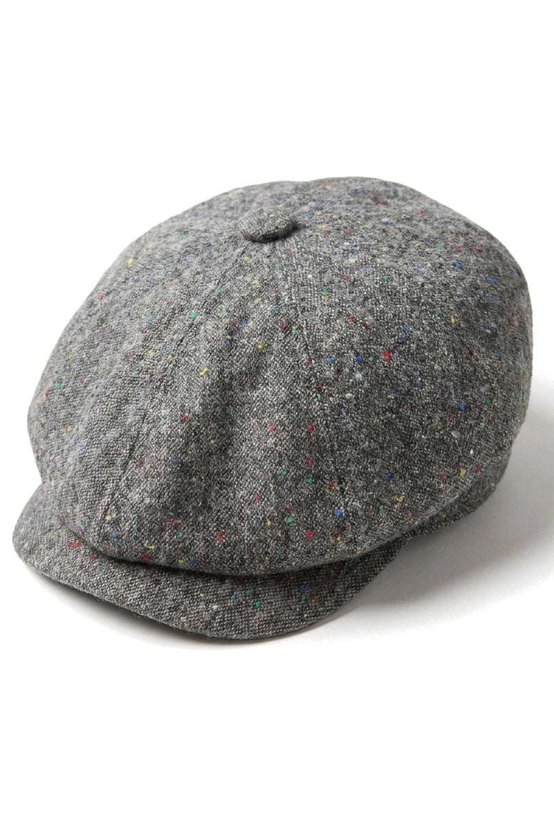 Boné Baker Boy de 8 painéis, modelo Shelby, em lã tweed cinza clássico, com lâmina de barbear.