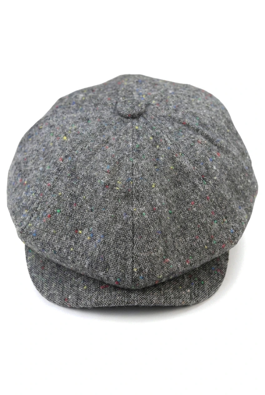 Boné Baker Boy de 8 painéis, modelo Shelby, em lã tweed cinza clássico, com lâmina de barbear.