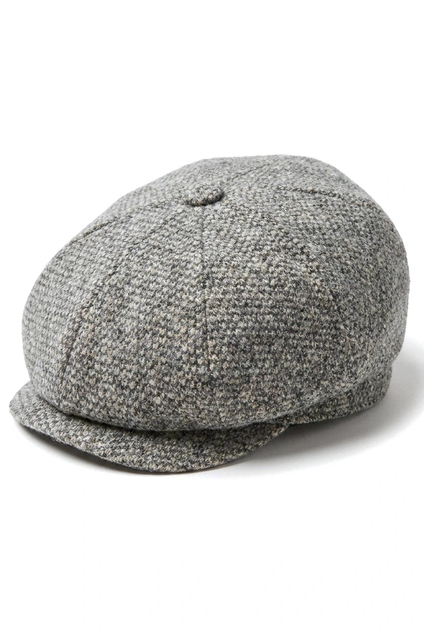Boné Baker Boy de 8 painéis, modelo Shelby, em lã tweed, clássico, cinza claro, com lâmina.