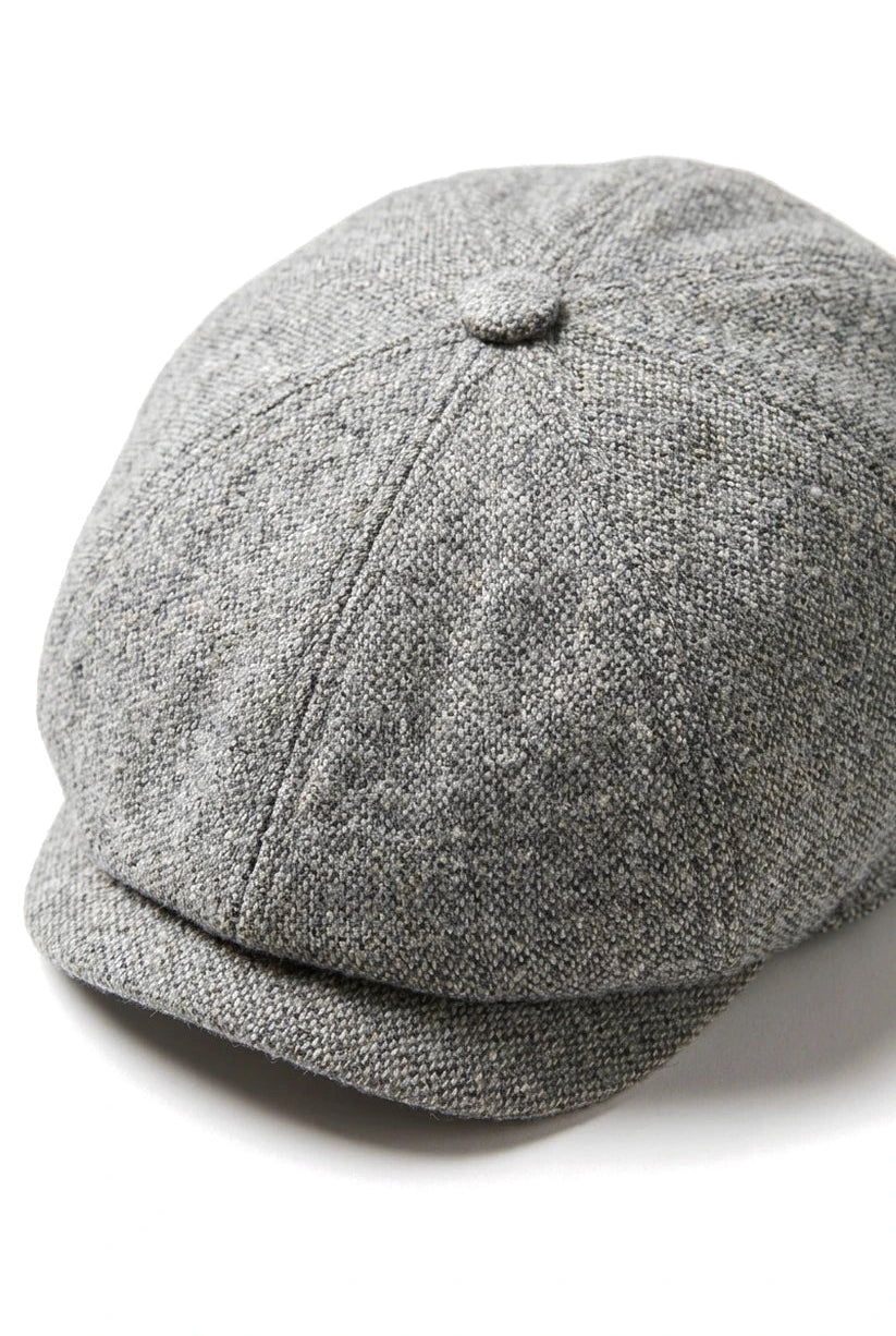 Boné Baker Boy de 8 painéis, modelo Shelby, em lã tweed, clássico, cinza claro, com lâmina.