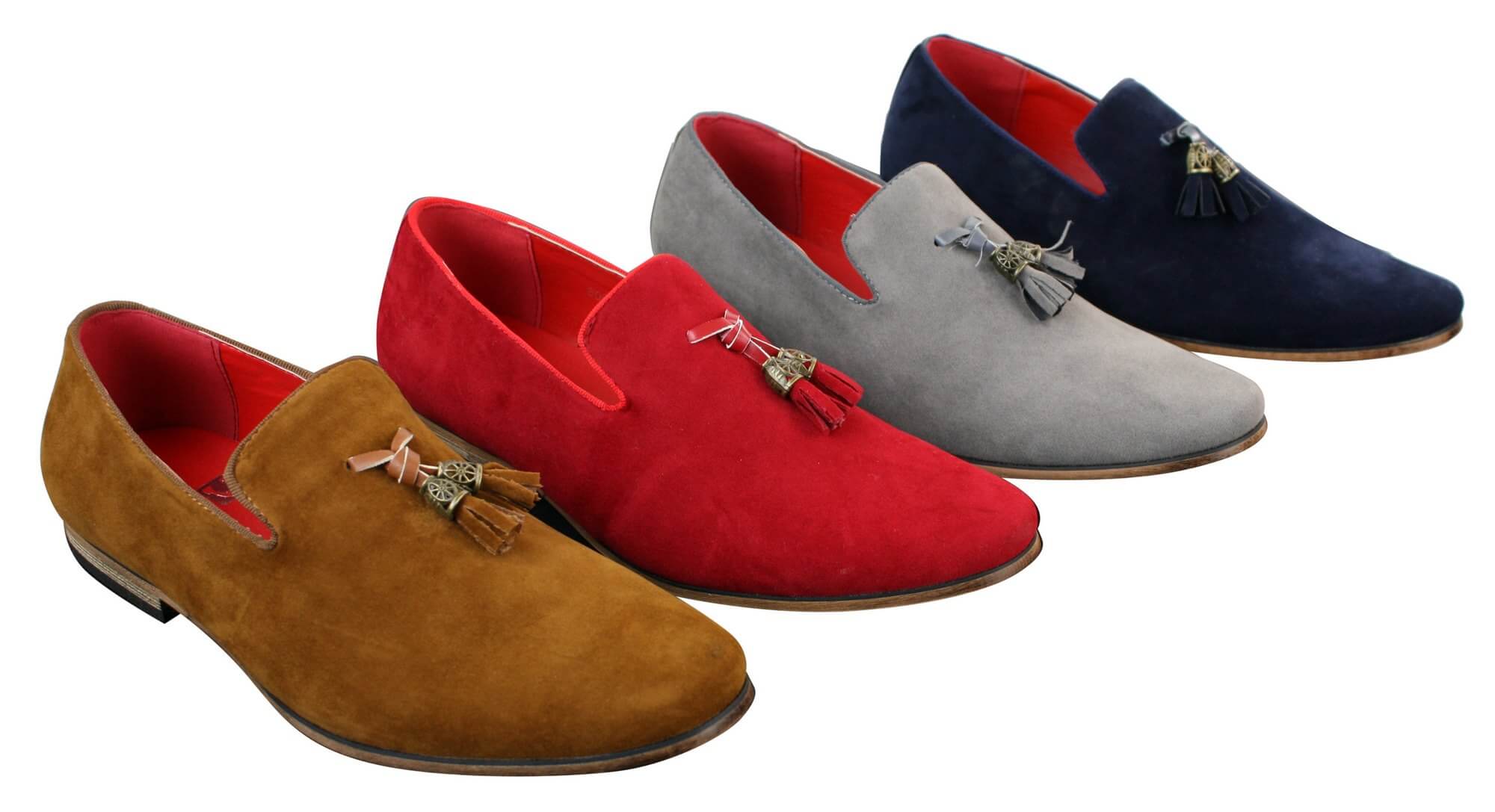 Mocassins masculinos de camurça e couro PU com detalhe de borla nas cores vermelho, cinza, azul, marrom e preto.