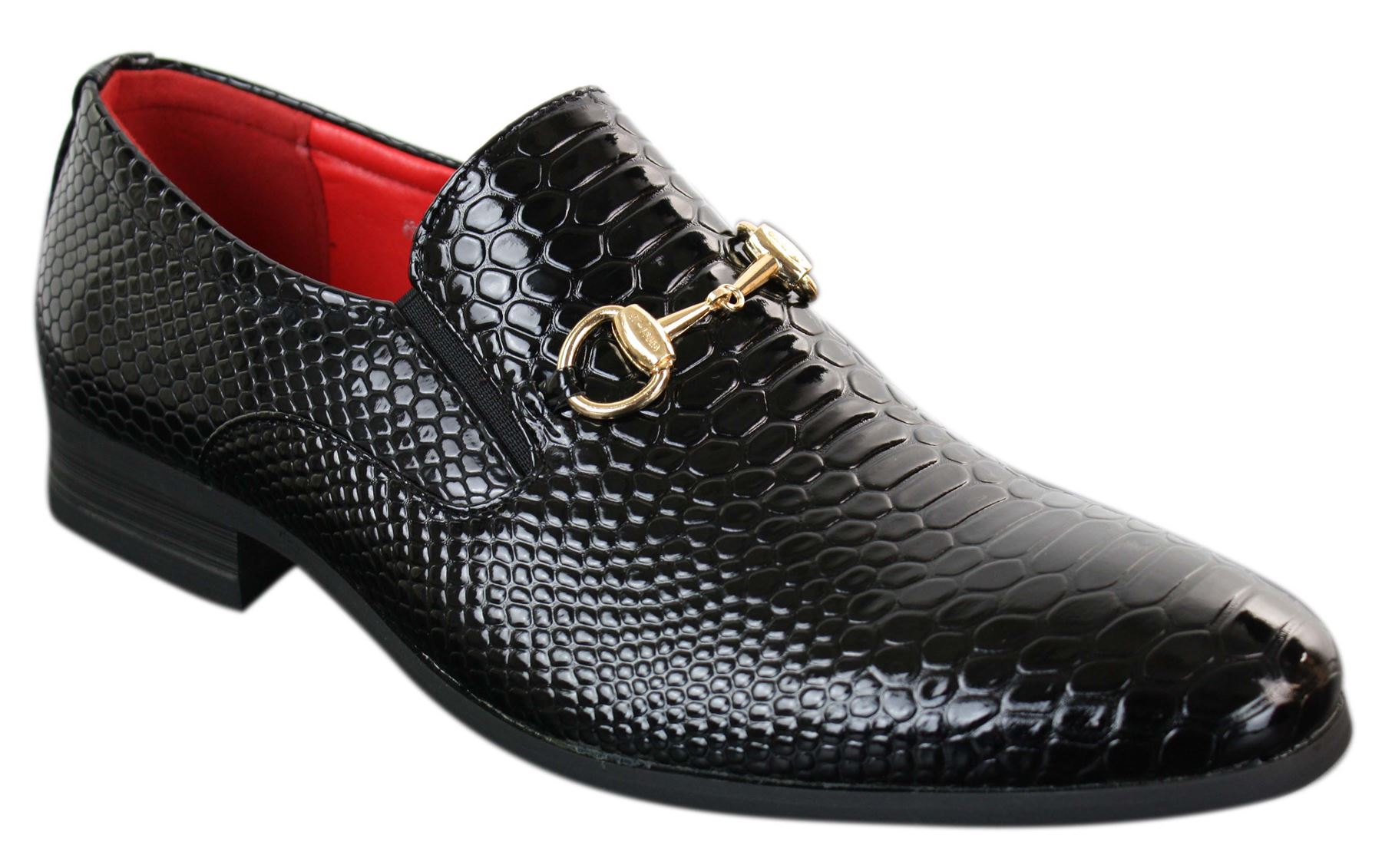 Patron 80058 Sapato Masculino Preto Envernizado Brilhante de Couro PU com Estampa de Cobra e Crocodilo, Fivela Dourada