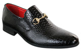 Patron 80058 Sapato Masculino Preto Envernizado Brilhante de Couro PU com Estampa de Cobra e Crocodilo, Fivela Dourada
