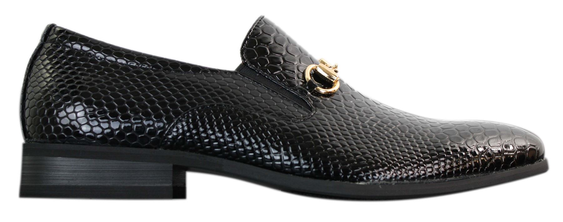 Patron 80058 Sapato Masculino Preto Envernizado Brilhante de Couro PU com Estampa de Cobra e Crocodilo, Fivela Dourada