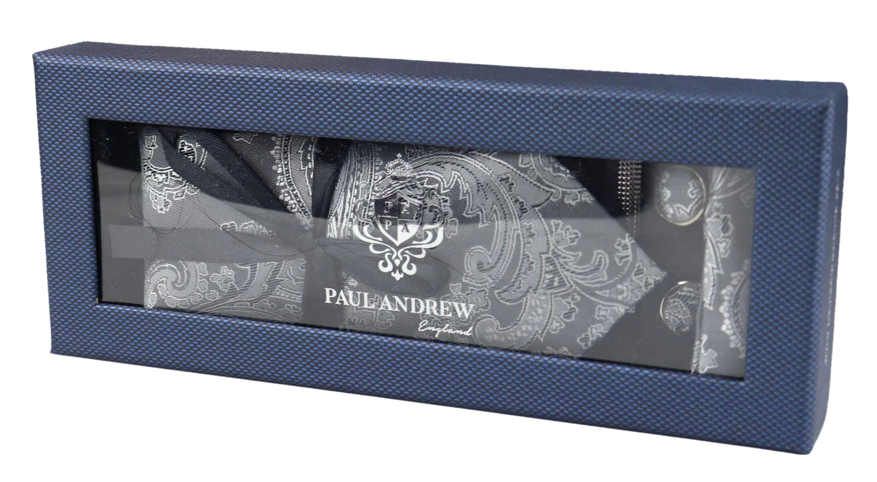 Conjunto de presente com gravata Paisley cinza, lenço de bolso, abotoaduras e gravata floral de cetim.