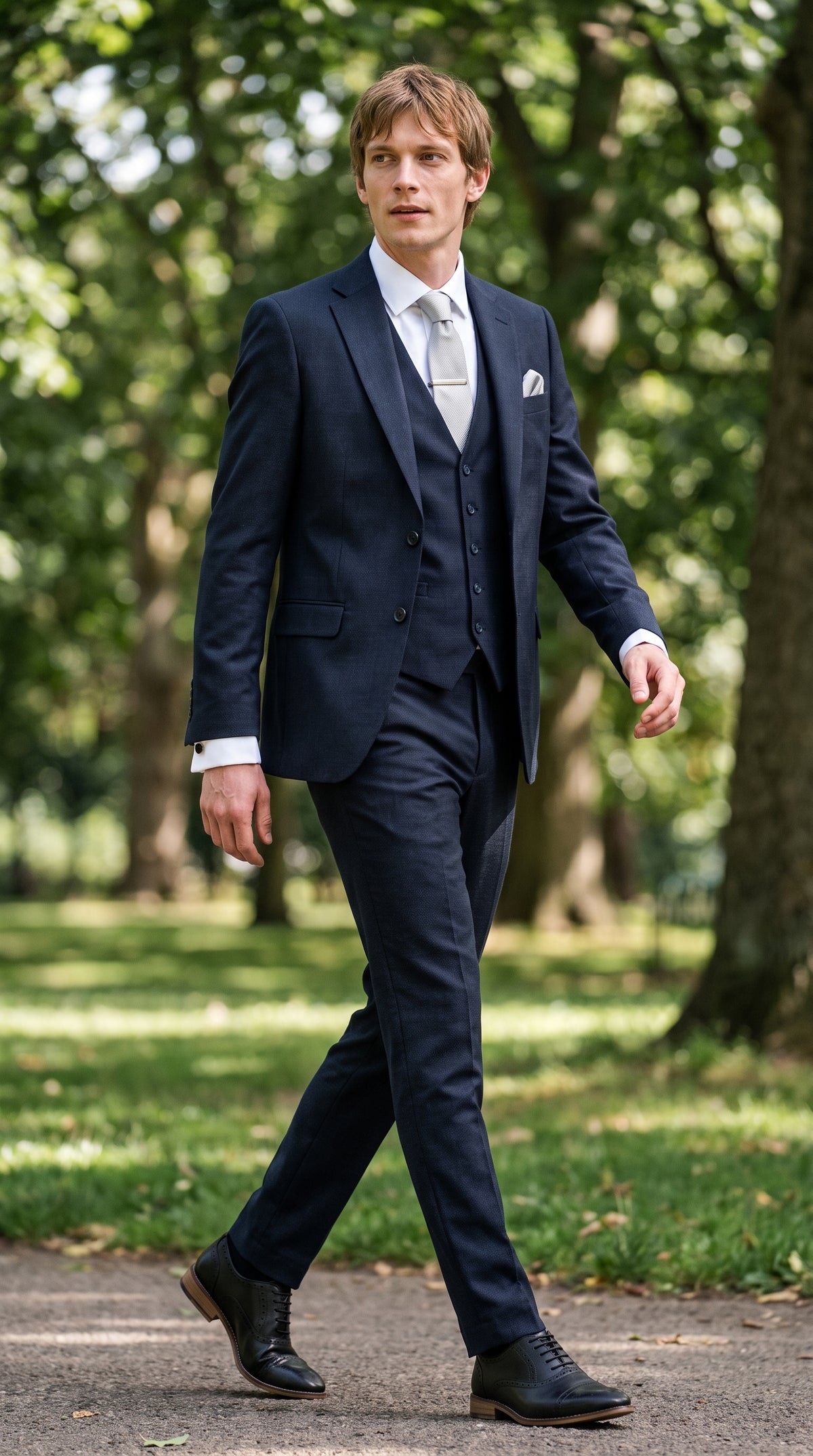 Look #823 styled with Bond - Terno masculino azul-marinho escuro de 3 peças com corte sob medida