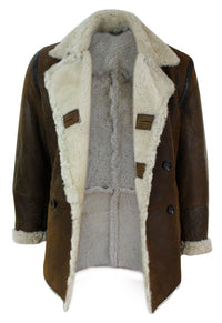Jaqueta masculina vintage marrom de pele de carneiro alemã autêntica, modelo de abotoamento duplo, estilo marinheiro.