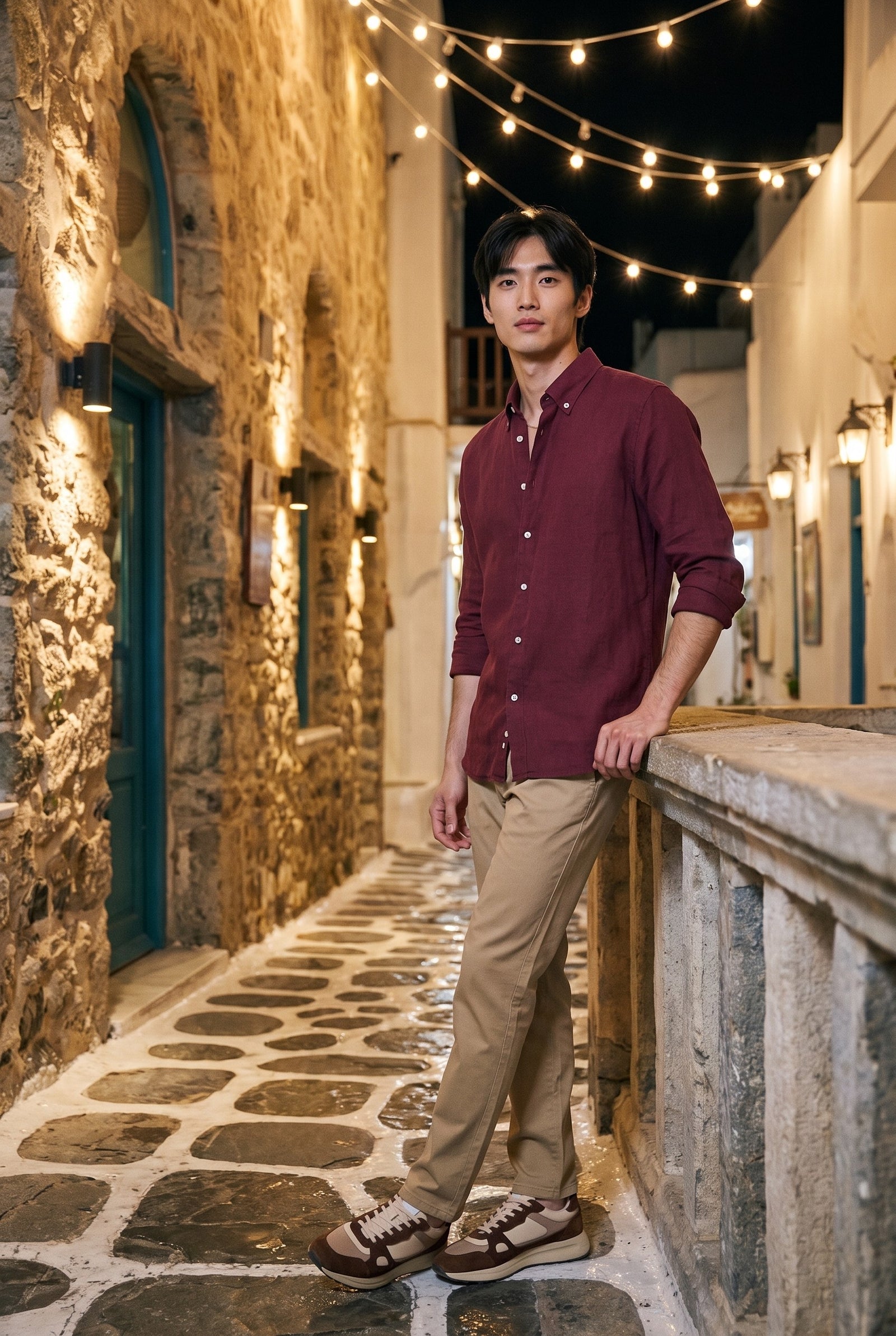 Look #1031 styled with Calças chino masculinas em mistura de linho cáqui e algodão Tencel, tecido fino para o verão.