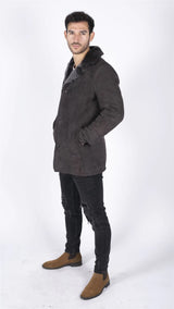 Casaco masculino de pele de carneiro genuína marrom vintage clássico 3/4 com botões e decote em V