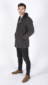 Casaco masculino de pele de carneiro genuína marrom vintage clássico 3/4 com botões e decote em V