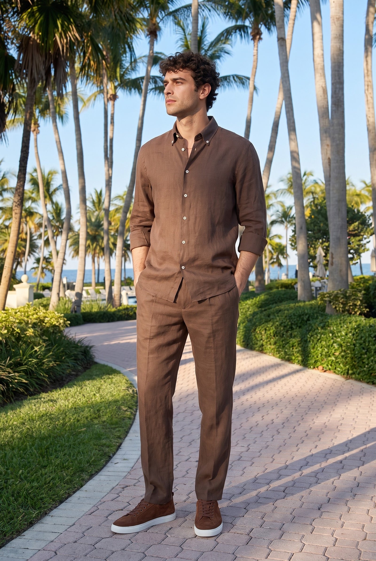 Look #872 styled with Camisa masculina marrom escura de linho puro, manga comprida, com botões, para o verão.