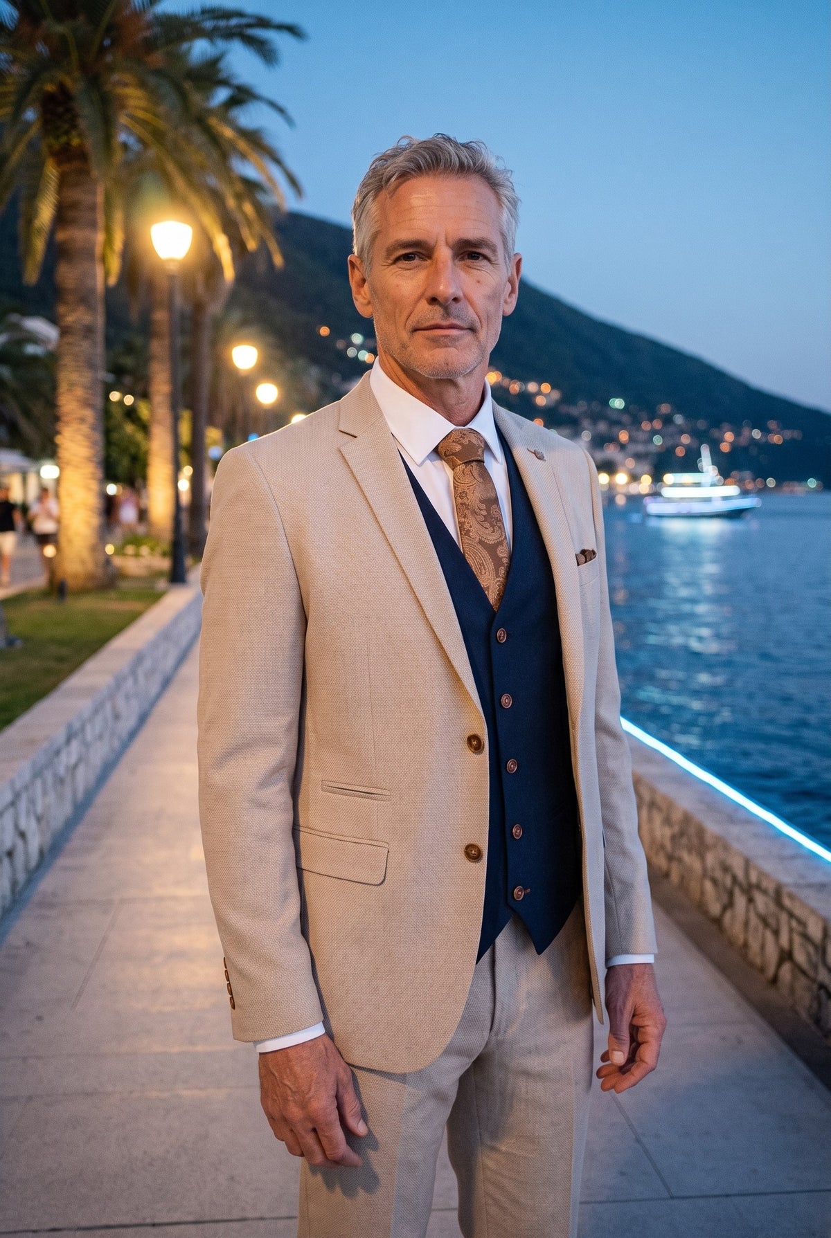 Look #944 styled with Mayfair - Terno masculino de 3 peças creme com colete azul-marinho