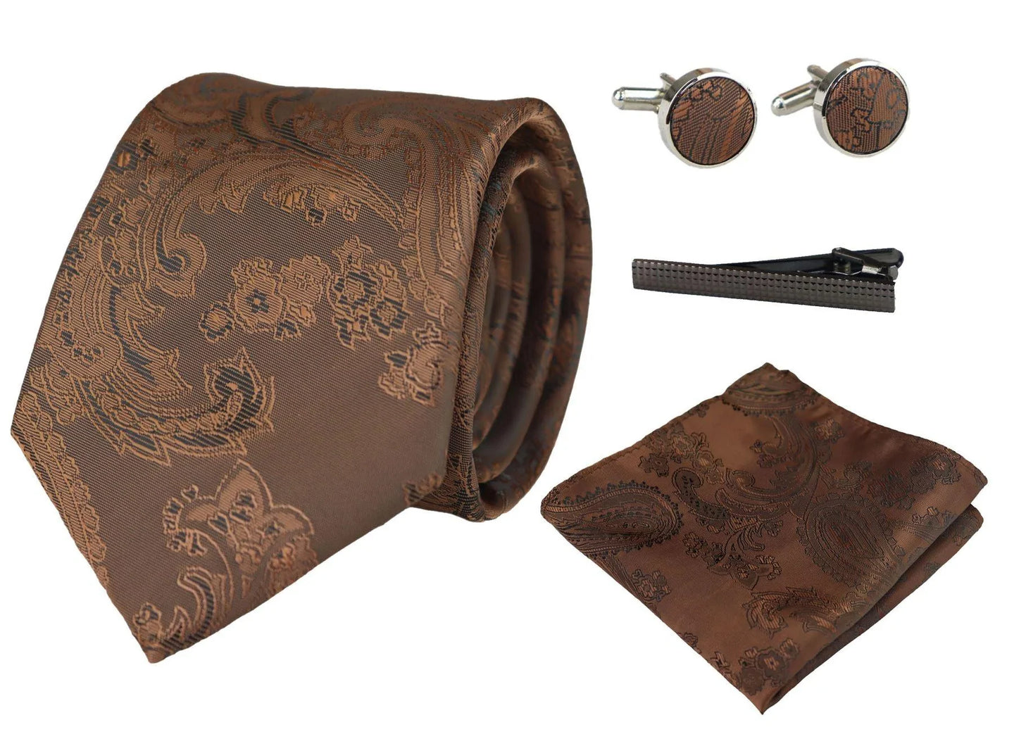 Conjunto de presente com gravata marrom Paisley, lenço de bolso, abotoaduras e gravata floral de cetim.