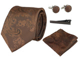 Conjunto de presente com gravata marrom Paisley, lenço de bolso, abotoaduras e gravata floral de cetim.