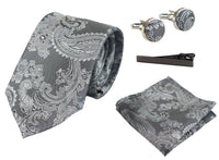 Conjunto de presente com gravata Paisley cinza, lenço de bolso, abotoaduras e gravata floral de cetim.