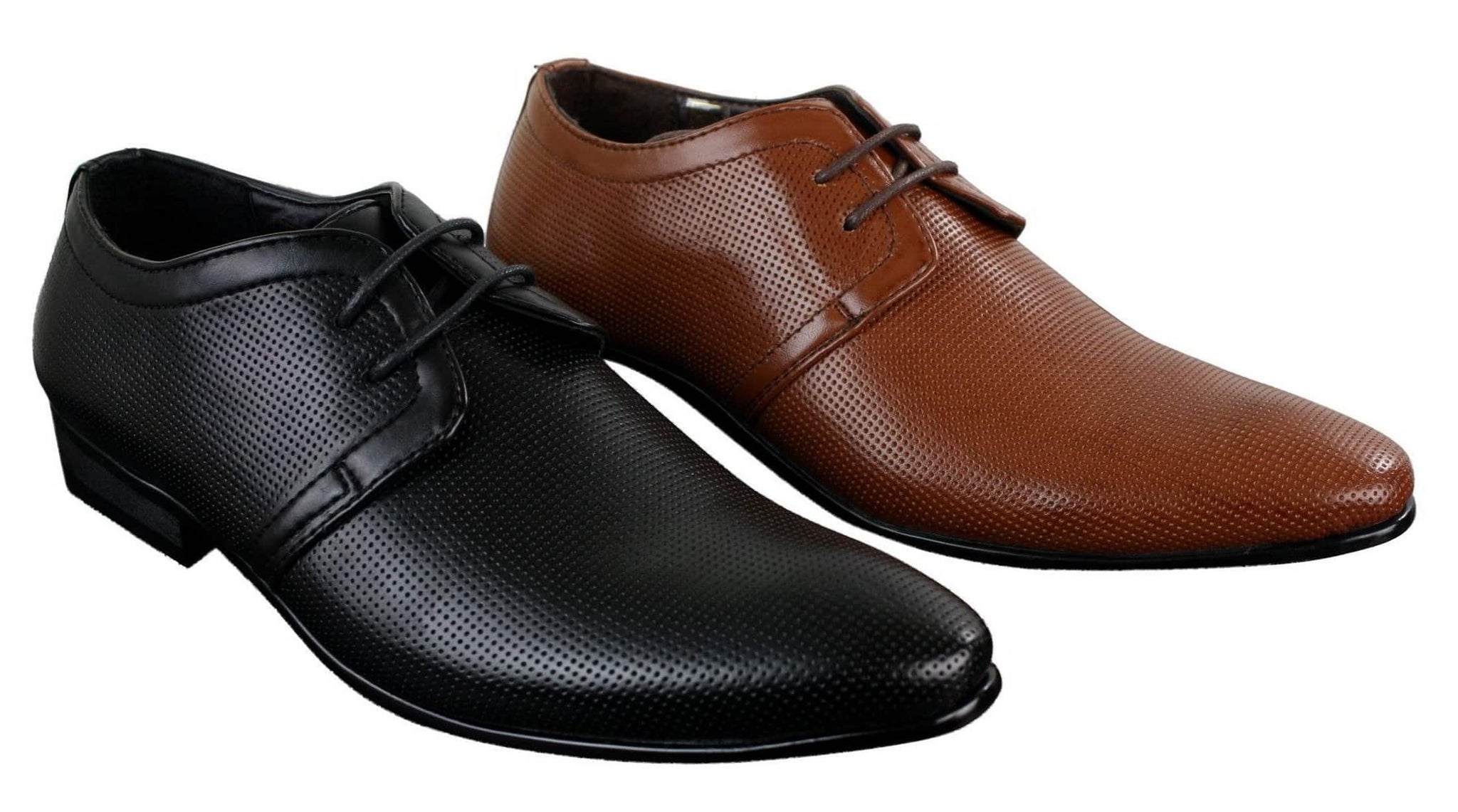 Sapatos masculinos casuais elegantes em couro PU perfurado nas cores preto, bege e marrom.