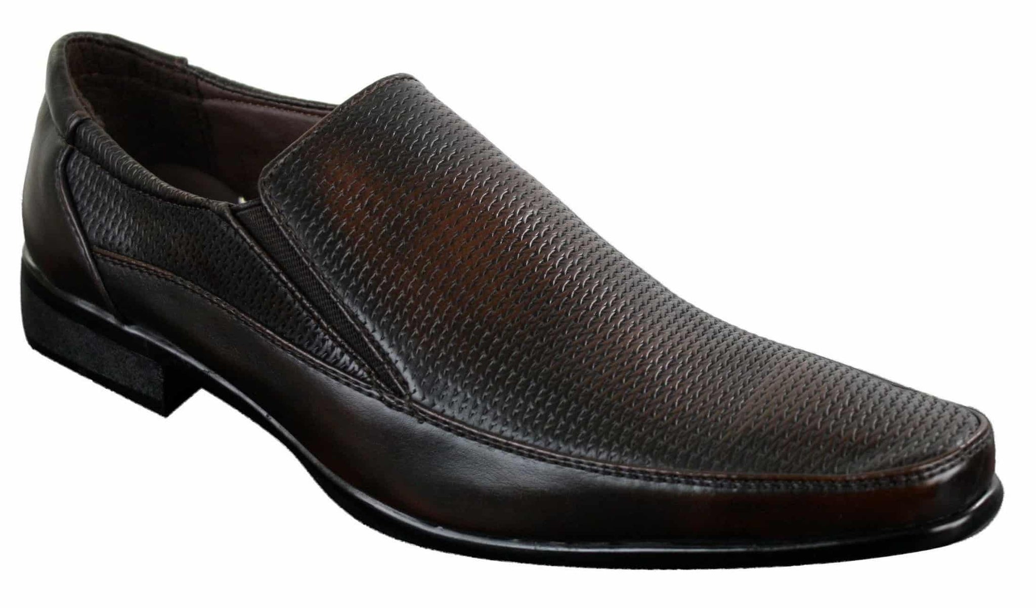 Sapatos sociais masculinos marrons e pretos, estilo slip-on, em couro PU texturizado, design italiano.