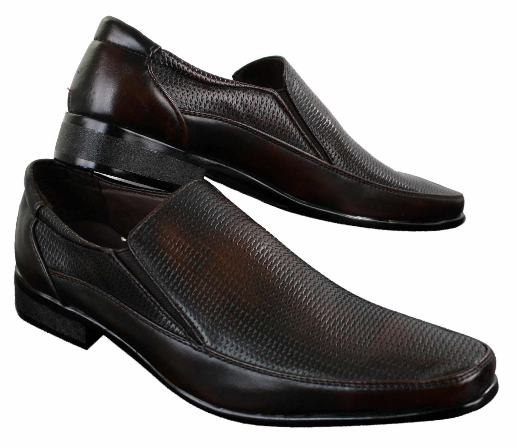 Sapatos sociais masculinos marrons e pretos, estilo slip-on, em couro PU texturizado, design italiano.