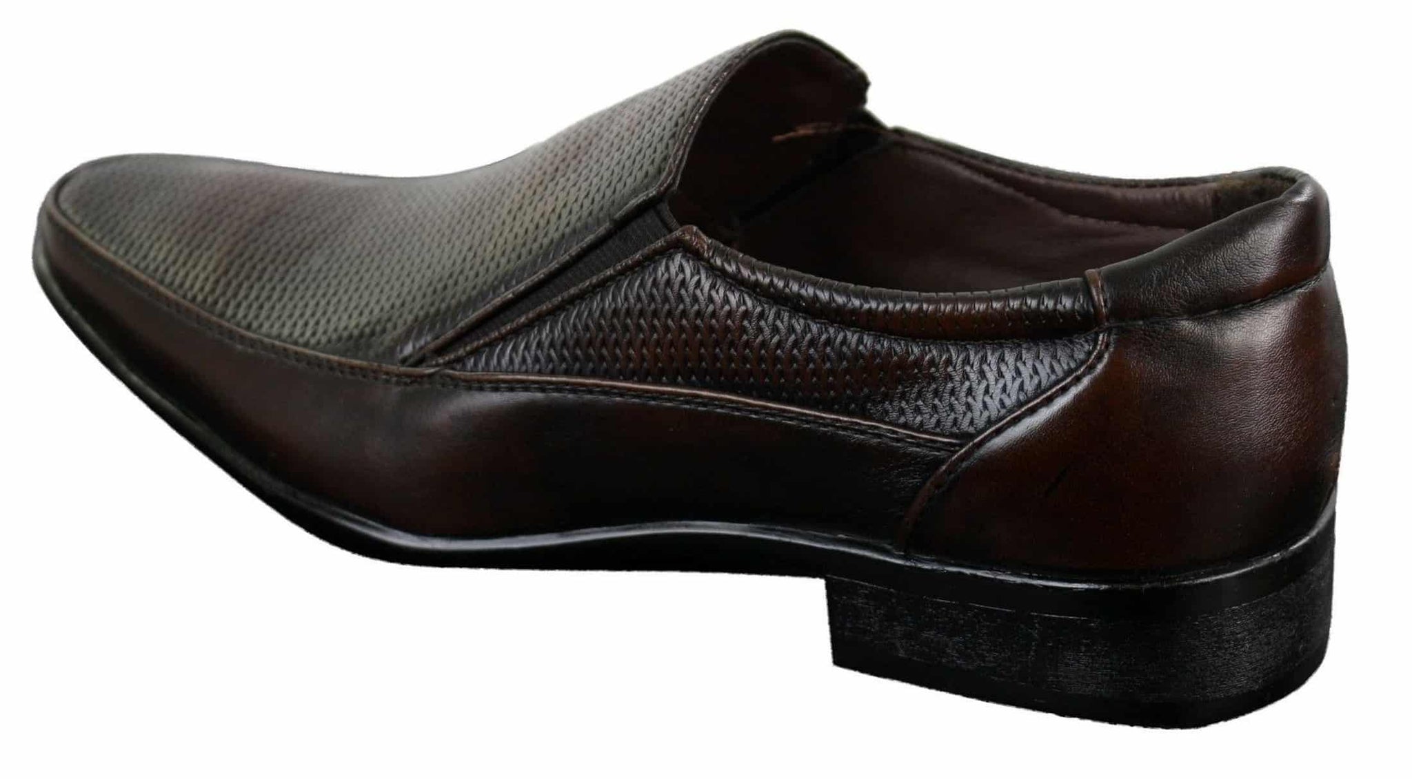 Sapatos sociais masculinos marrons e pretos, estilo slip-on, em couro PU texturizado, design italiano.