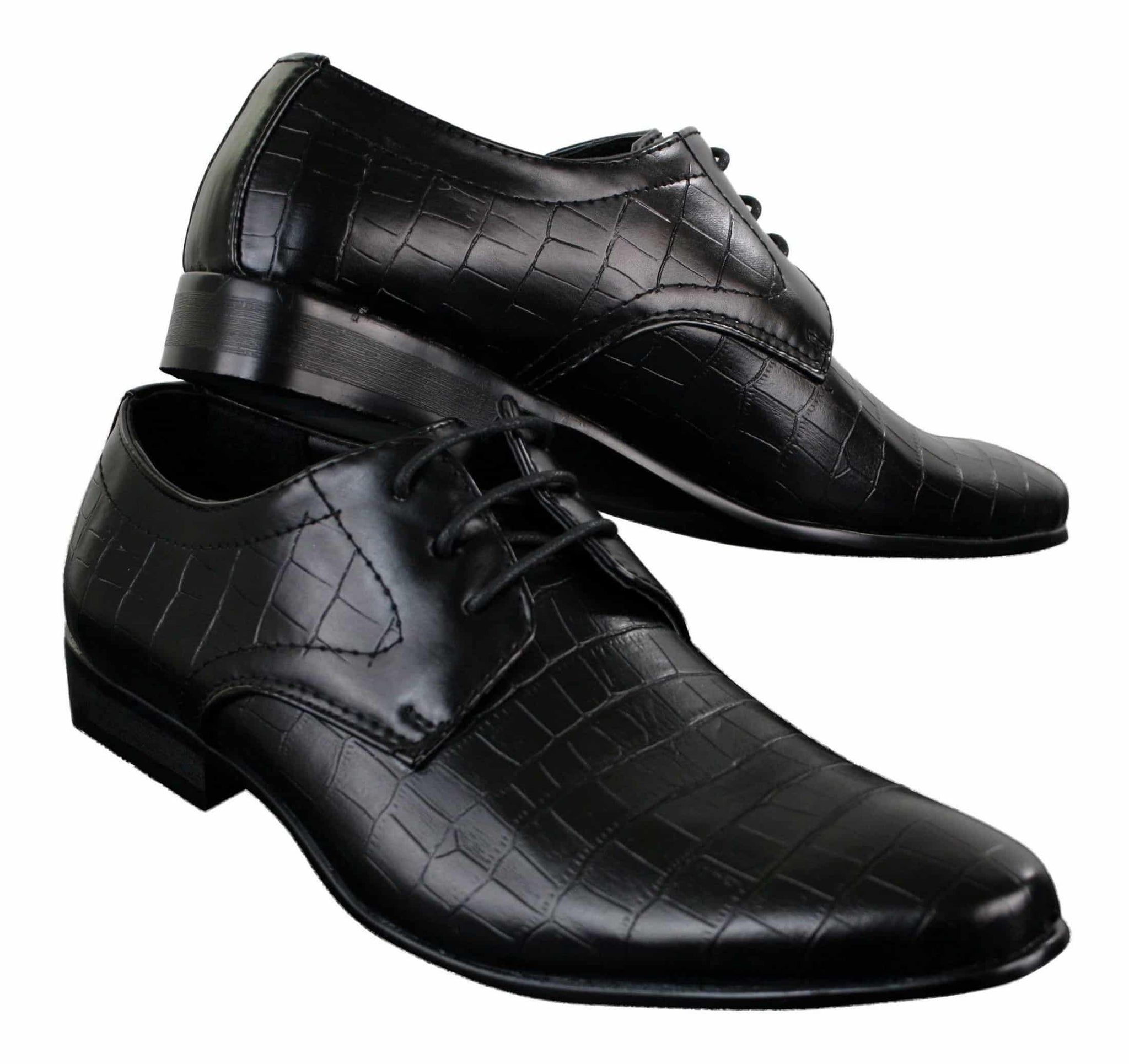 Sapatos masculinos de couro PU com estampa de crocodilo, nas cores preto, bege e marrom, com cadarço e bico fino.