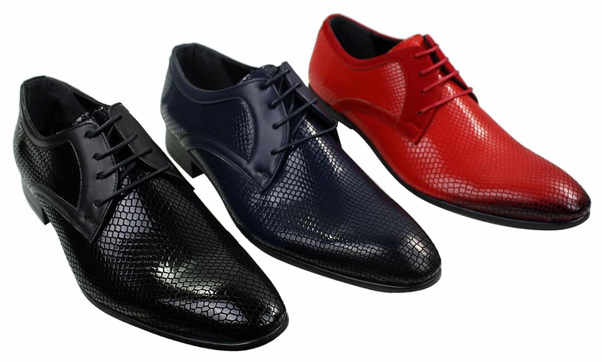 Sapatos masculinos elegantes e formais com cadarço, em couro envernizado brilhante de crocodilo, nas cores azul-marinho, vermelho e preto.