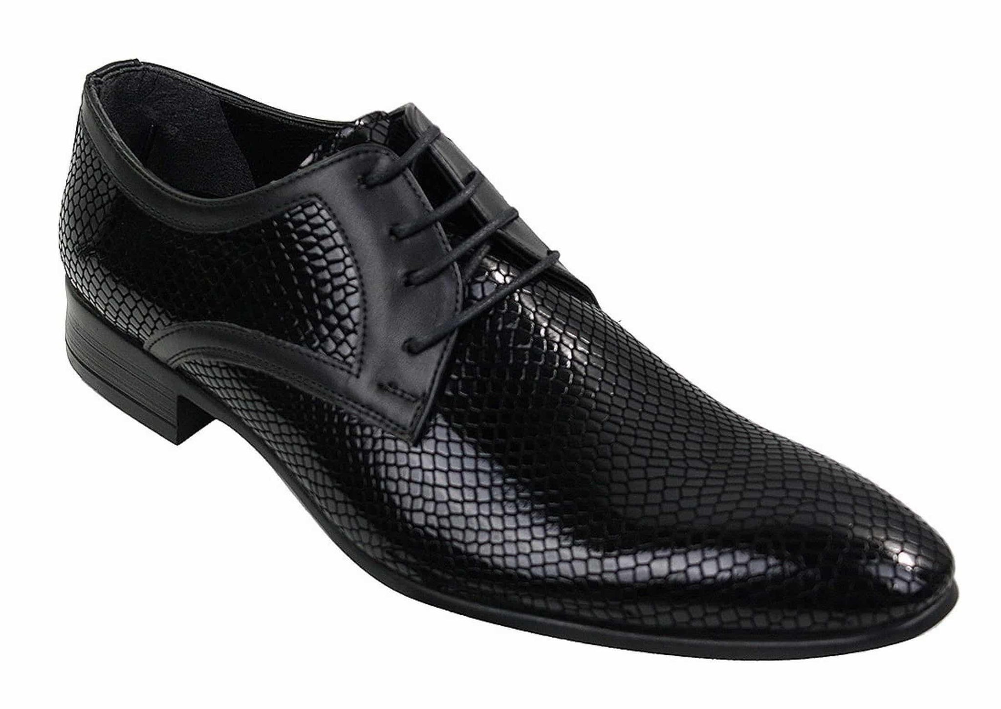Sapatos masculinos elegantes e formais com cadarço, em couro envernizado brilhante de crocodilo, nas cores azul-marinho, vermelho e preto.