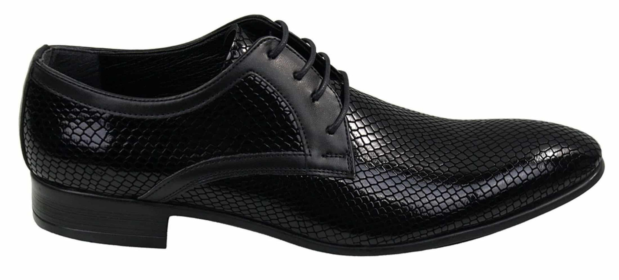 Sapatos masculinos elegantes e formais com cadarço, em couro envernizado brilhante de crocodilo, nas cores azul-marinho, vermelho e preto.