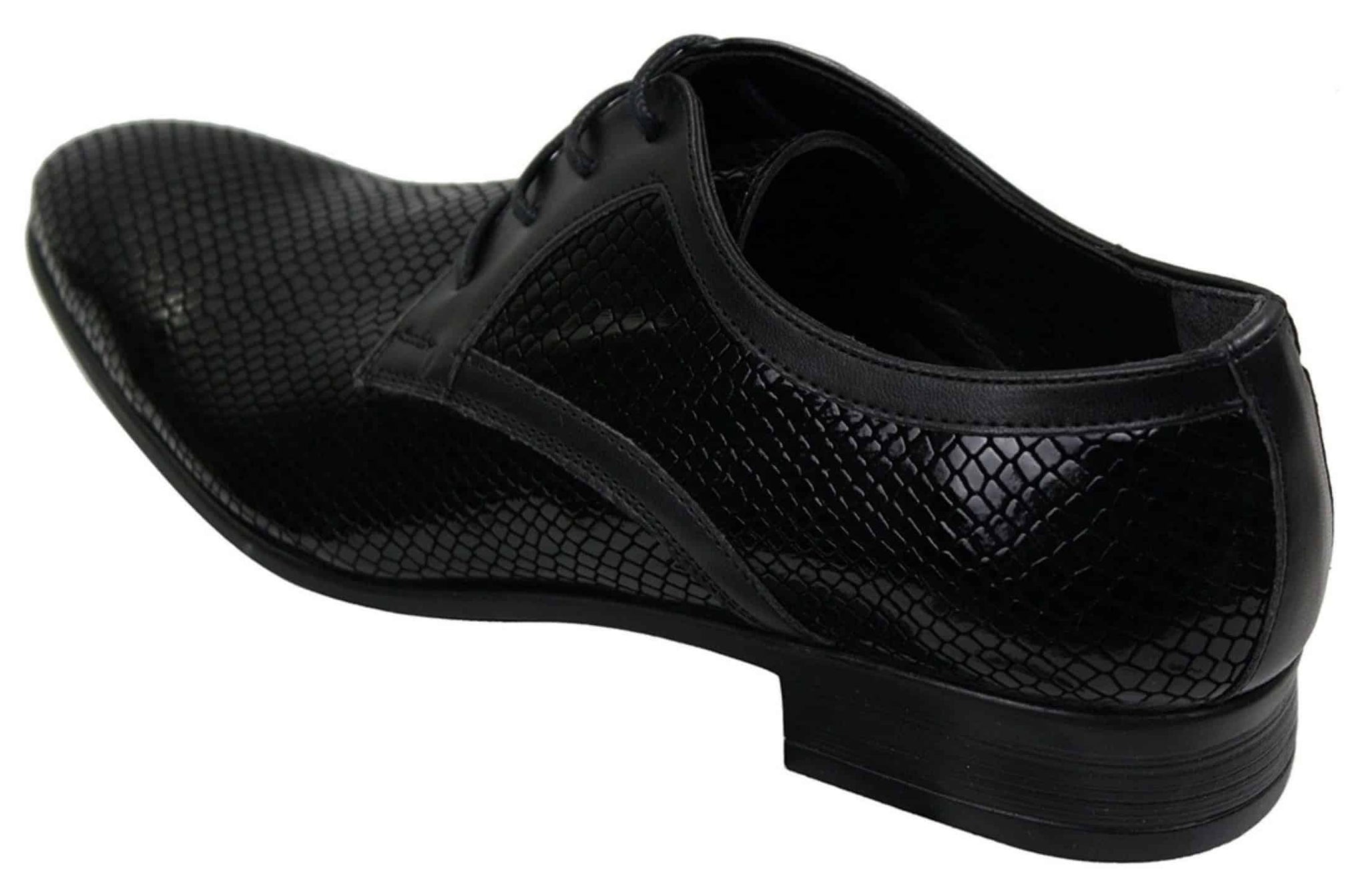 Sapatos masculinos elegantes e formais com cadarço, em couro envernizado brilhante de crocodilo, nas cores azul-marinho, vermelho e preto.