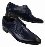 Sapatos masculinos elegantes e formais com cadarço, em couro envernizado brilhante de crocodilo, nas cores azul-marinho, vermelho e preto.