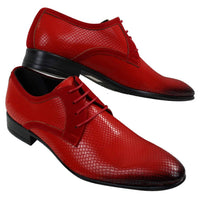 Sapatos masculinos elegantes e formais com cadarço, em couro envernizado brilhante de crocodilo, nas cores azul-marinho, vermelho e preto.