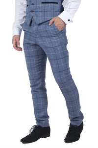 Calças masculinas Marc Darcy em tweed azul claro com estampa xadrez marinho, corte slim, modelo casual elegante, modelo Clinton.