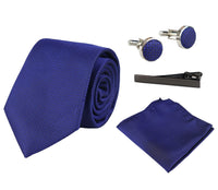 Conjunto de presente com gravata azul texturizada em cetim de seda, lenço de bolso e abotoaduras. Acabamento fosco.