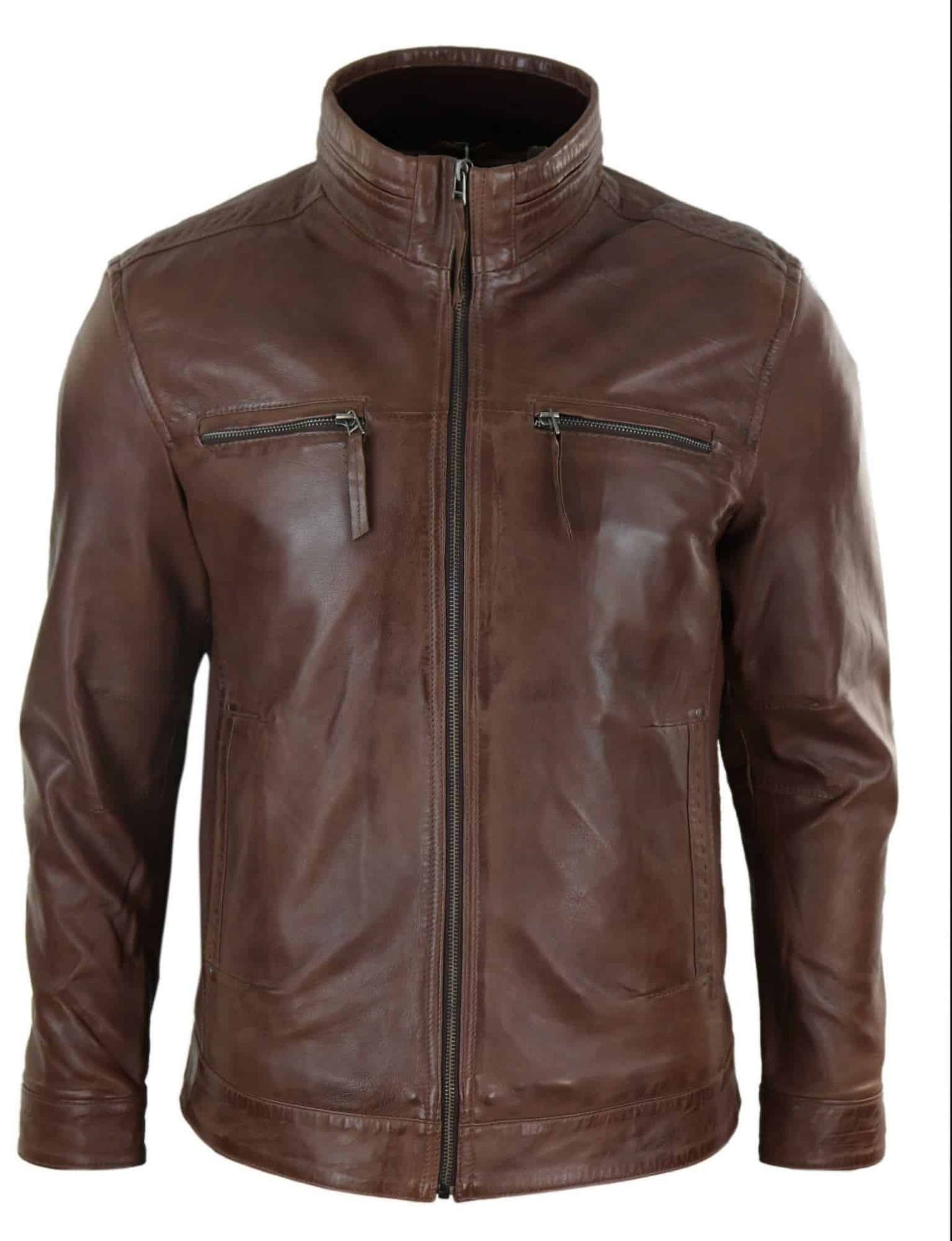 Jaqueta masculina de couro legítimo com gola alta - Marrom