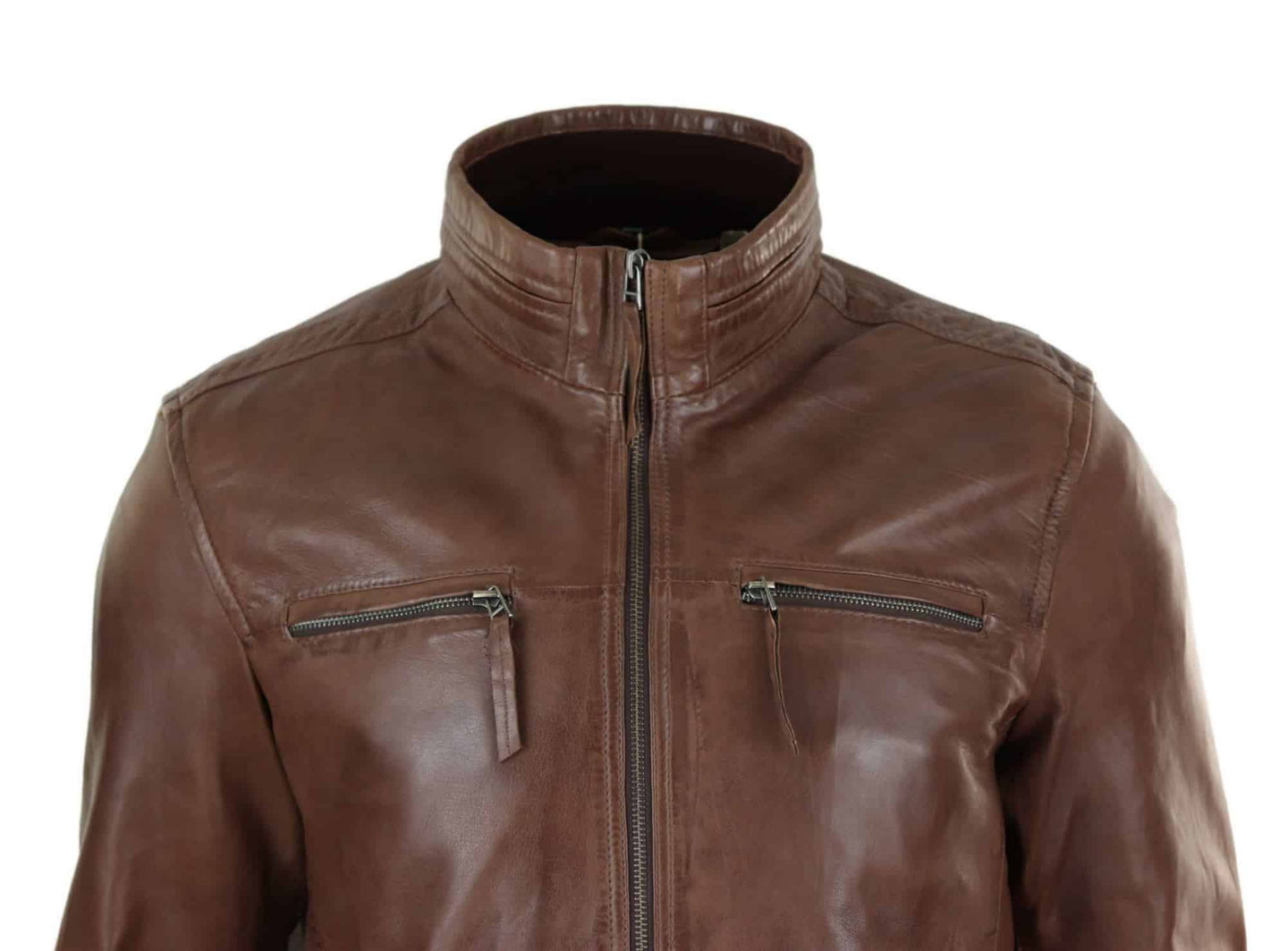 Jaqueta masculina de couro legítimo com gola alta - Marrom