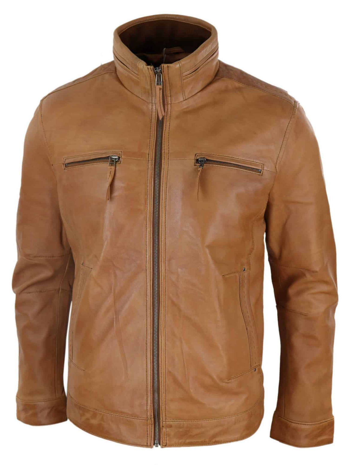 Jaqueta masculina de couro legítimo com gola alta - Bege