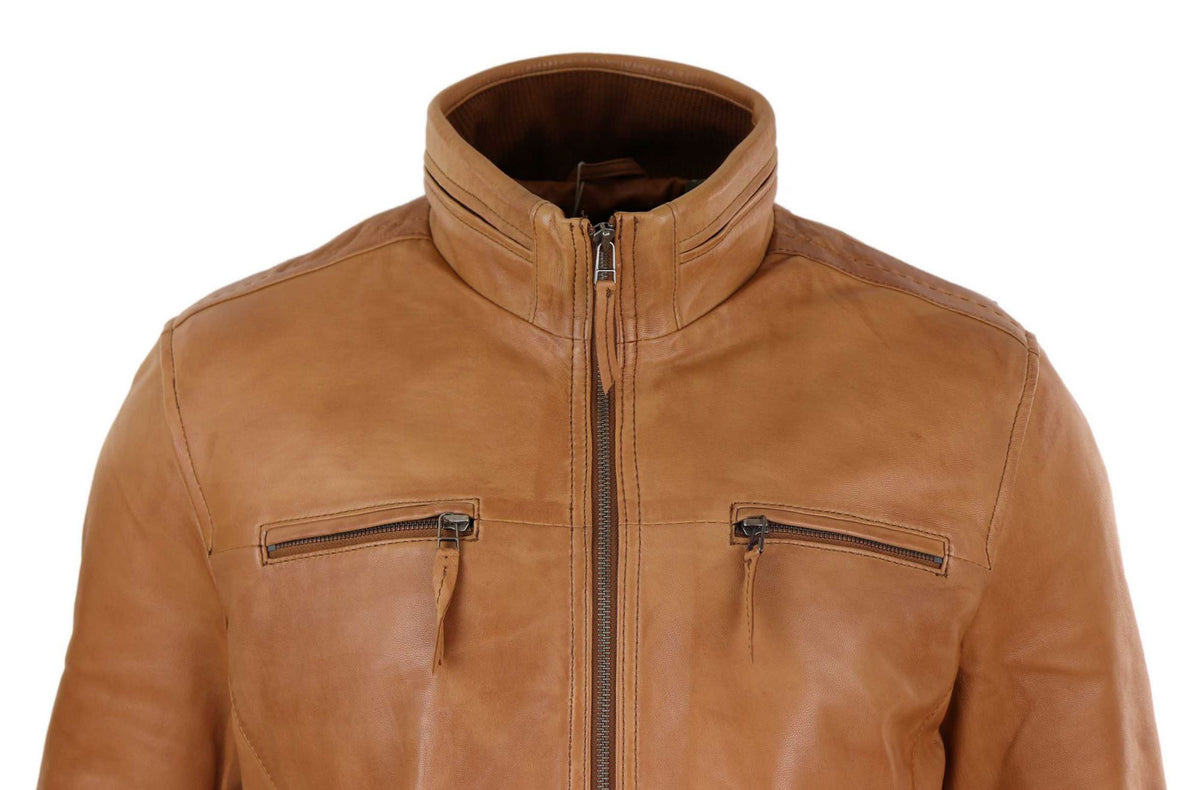 Jaqueta masculina de couro legítimo com gola alta - Bege