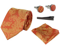 Conjunto de presente com gravata laranja paisley, lenço de bolso, abotoaduras e gravata floral de cetim.