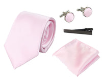 Conjunto de presente em cetim de seda rosa com gravata, lenço de bolso, abotoaduras e cetim brilhante.