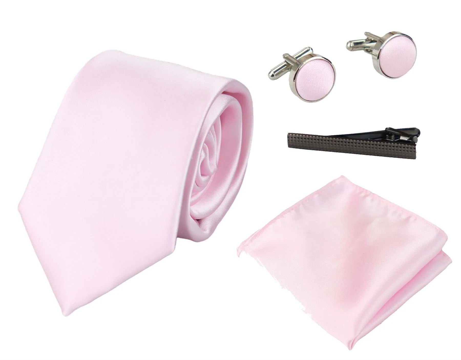 Conjunto de presente em cetim de seda rosa com gravata, lenço de bolso, abotoaduras e cetim brilhante.