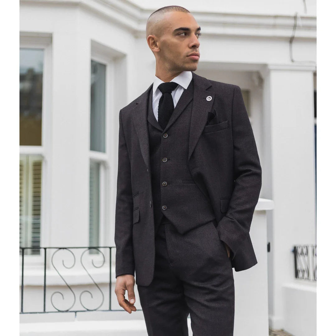 Terno masculino de 3 peças em tweed espinha de peixe cor ameixa